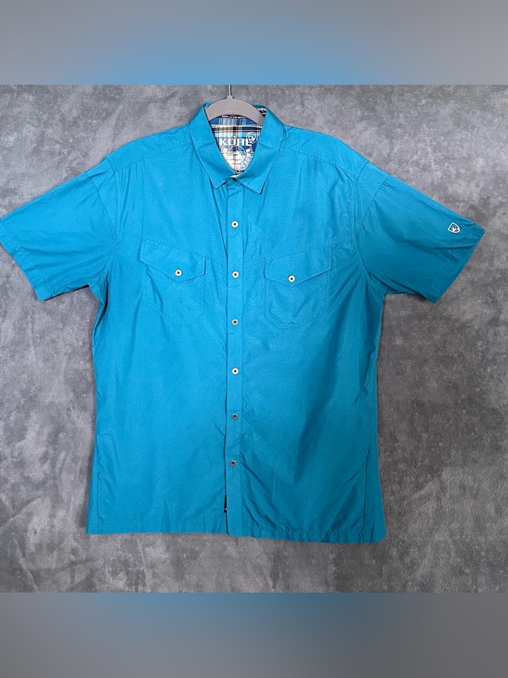 Kuhl Eluxur Blue Short Sleeve Button-Front Shirt Outdoor Performance hiking LG